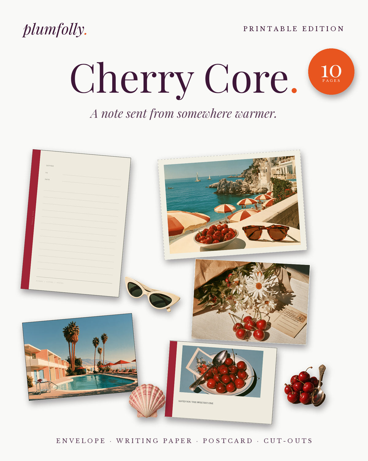 Cherry Core printable kit: envelope, liner, writing paper, postcard, card and cut-outs
