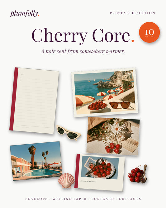 Cherry Core printable kit: envelope, liner, writing paper, postcard, card and cut-outs