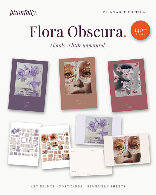 Flora Obscura printable set: three art prints, three postcards and four ephemera sheets