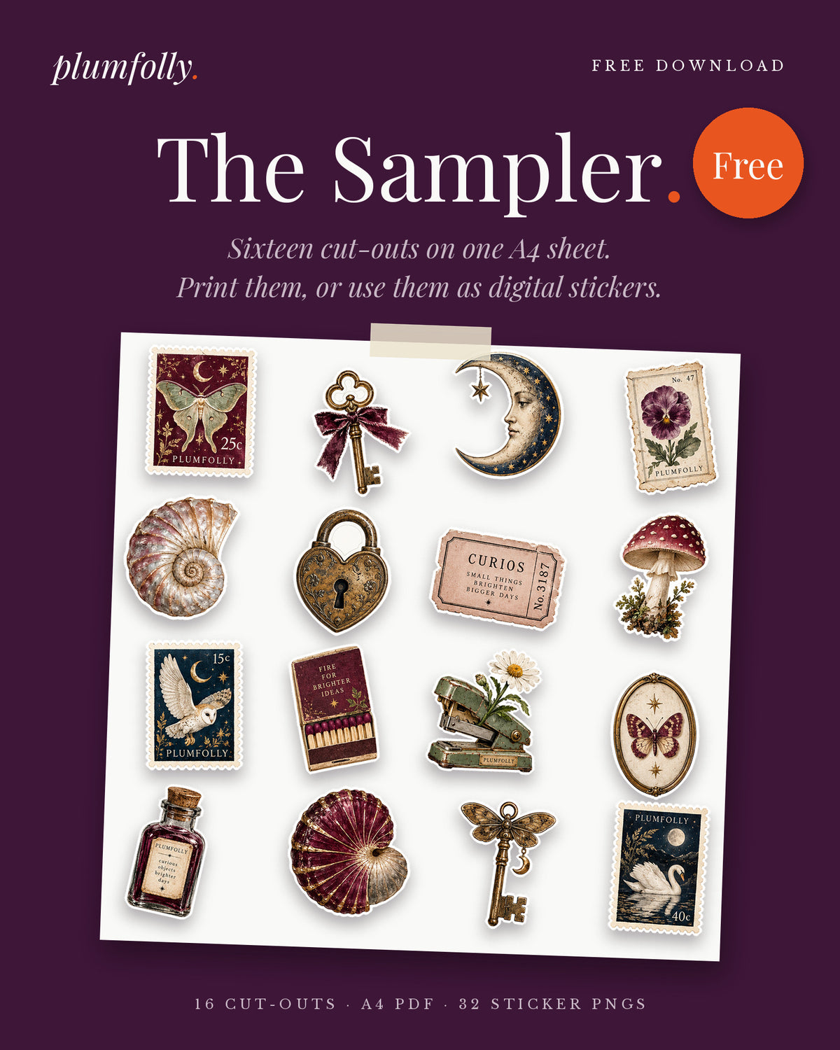 The Plumfolly Sampler: sixteen free printable cut-outs and digital stickers