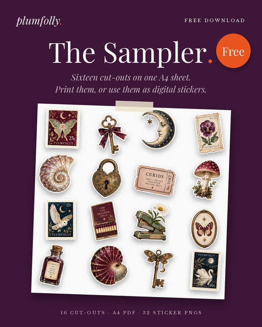 The Plumfolly Sampler: sixteen free printable cut-outs and digital stickers
