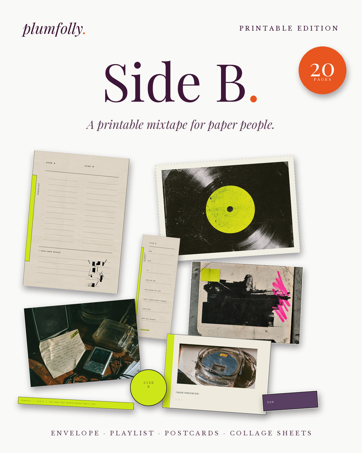Side B printable mixtape kit: envelope, playlist sheet, postcard, card and labels