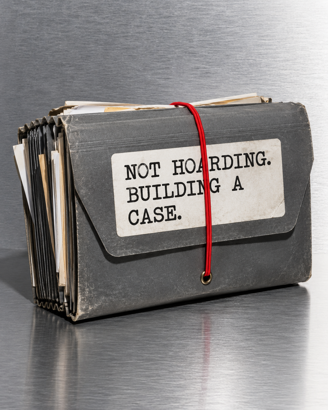 Worn expanding file folder tied with red cord, labelled NOT HOARDING. BUILDING A CASE.